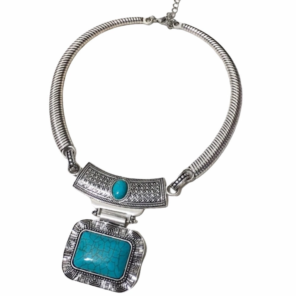 Silver Pendant Crystal Blue Turquoise Fashion Statement Necklace